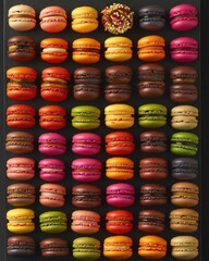 A colorful arrangement of macarons in various flavors and colors.