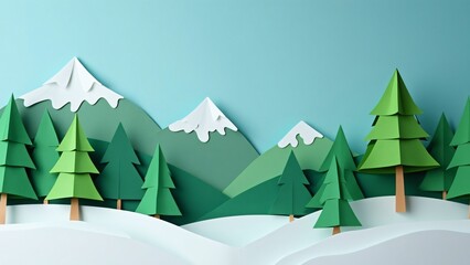 Charming Paper Craft Winter Landscape, Snowy Mountains, Green Trees, Cute Aesthetic