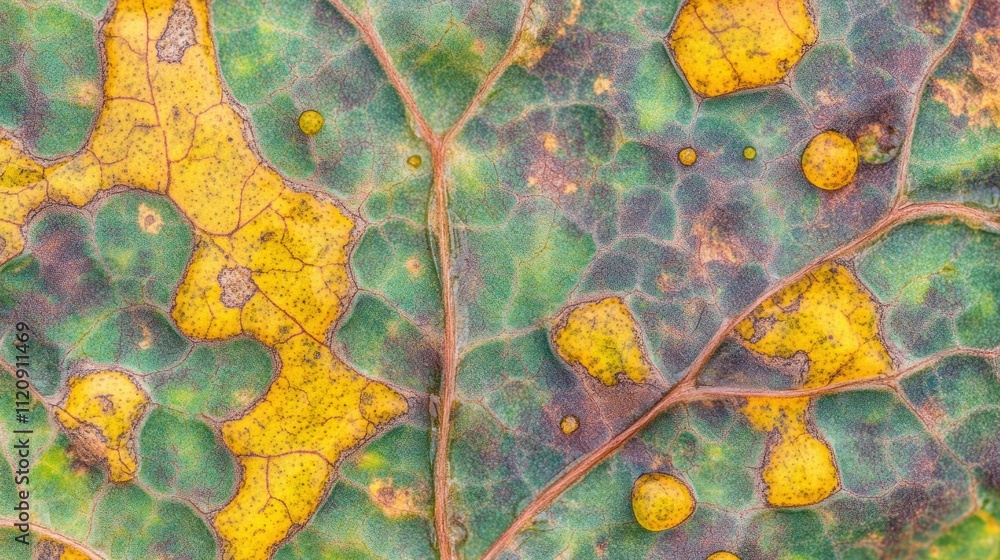 Poster close-up of a leaf displaying intricate patterns and colors of decay.
