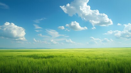 Obraz premium Stunning Panoramic Summer Landscape, Lush Green Field under a Blue Sky with Puffy Clouds
