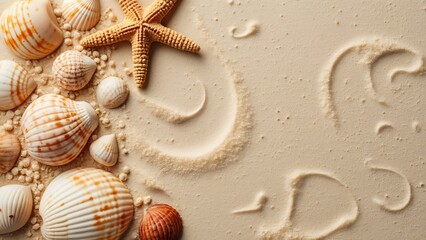 Seashells, Starfish on Beige Sand, Summer Beach Web Banner with Copy Space