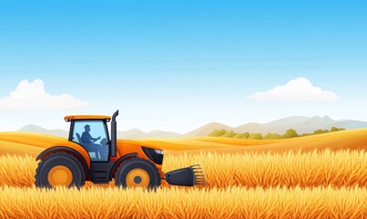 Agricultural Machinery Harvesting Wheat in a Vibrant Yellow Field Under a Clear Blue Sky