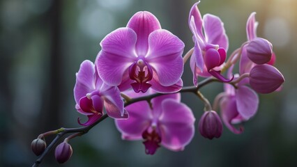 Stunning Purple Orchid Flowers Blooming on Stem, Close-up Photography with Soft Lighting and Bokeh Background