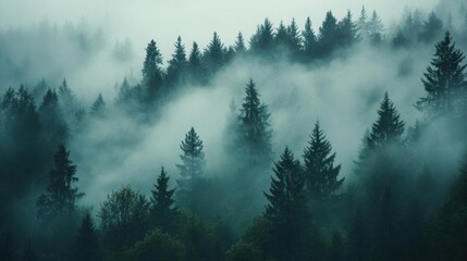 A misty forest scene with towering trees shrouded in fog.