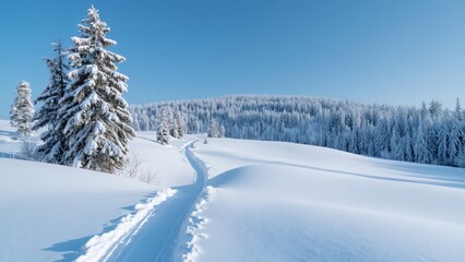 Obraz premium Serene Winter Wonderland, Snowy Landscape with Icy Path and Snow-Covered Pine Trees