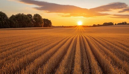 A serene sunset over a golden wheat field with furrows leading to the horizon.