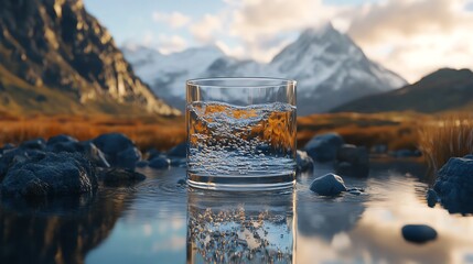 A refreshing glass of water surrounded by serene mountain scenery.