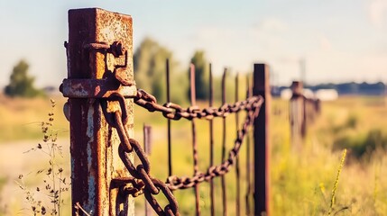 Closed factory gate with chain and padlock, symbolizing the end of an era and the transition to new beginnings. Industrial decline and the shift towards modernization and renewal.