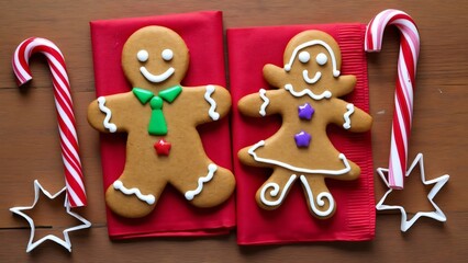 Fototapeta premium Adorable Gingerbread Man & Woman Cookies on Red Napkins with Candy Canes - Christmas Baking