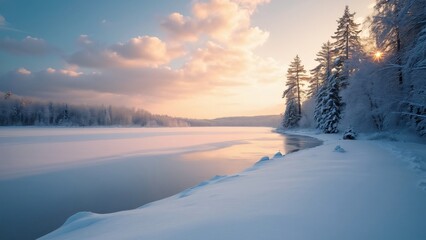 Serene Winter Wonderland, Golden Hour Frozen Lake and Snow-Covered Trees