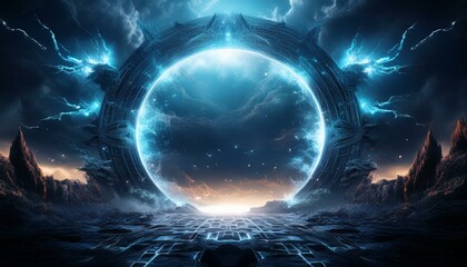 Obraz premium A glowing portal framed by twisting bolts of energy in a cloudy sky, fading into blackness a
