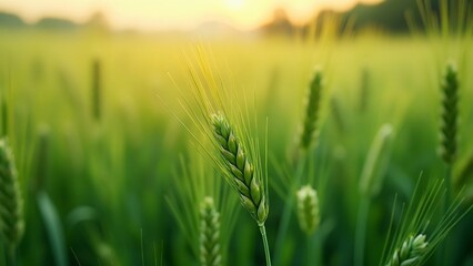 Obraz premium Stunning 5K Close-up, Vibrant Green Wheat Field at Sunset, 