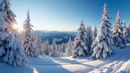 Obraz premium Panoramic Winter Wonderland, Snow-Covered Pine Trees on Majestic Mountains