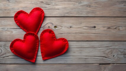 Fototapeta premium Three Red Felt Hearts on Rustic Wooden Background, Valentine's Day, Love, Romance Flat Lay High Definition Image