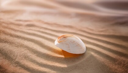 A lone seashell resting on smooth, undisturbed sand with soft ripples, fading into the backg