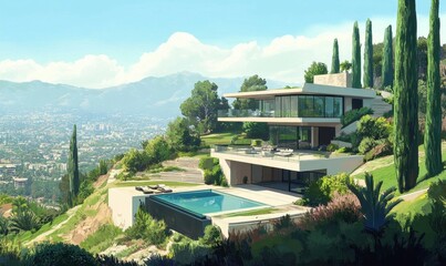 Modern hillside villa with a pool and scenic mountain backdrop.