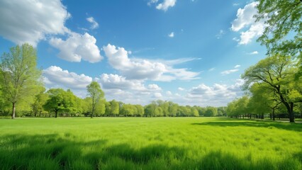 Fototapeta premium Serene Spring Meadow, Lush Green Grass, Trees, Blue Sky, and Clouds in a Picturesque Park