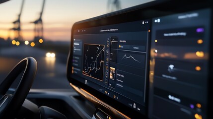 Smart Trailer Connection Display A truck dashboard showing seamless trailer connection indicators, live weight distribution, and GPS route overlays, industrial yet sleek aesthetic