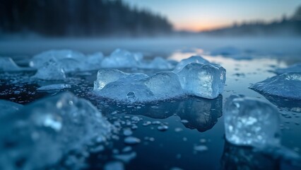 Stunning Close-Up, Icy Lake Crystals, Intricate Blue Patterns, Moody Atmosphere