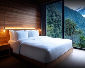 Deluxe room with a kingsize bed, warm wood tones, and soft lighting, king deluxe room, elegant, cozy
