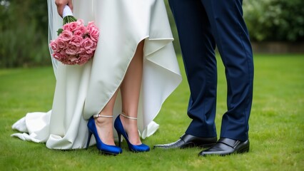 Elegant Bride & Groom's Feet, Blue Heels, Navy Suit, Pink Bouquet, Lush Green Grass