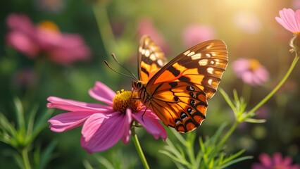 Fototapeta premium Stunning Orange & Black Tiger Moth on Pink Cosmos Flower in Garden