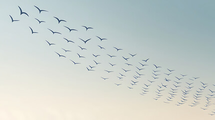 A flock of birds flying in formation, each bird reduced to a simple V-shape, creating a dynamic flow against a soft gradient background.

