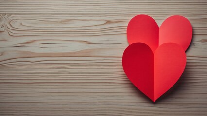 Fototapeta premium Two Red Paper Hearts on Wooden Background, Romantic Flat Lay with Copy Space for Valentine's Day, Love, and Relationship Concepts
