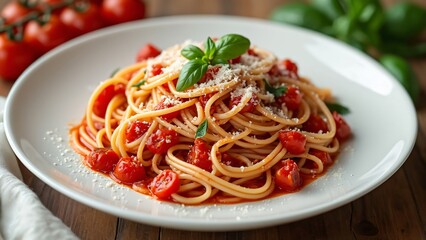 Delicious Spaghetti al Pomodoro, Homemade Italian Pasta with Cherry Tomatoes, Basil, and Parmesan