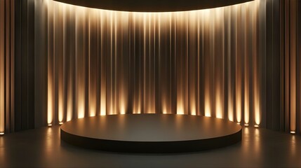 Dark, Moody Stage with Circular Platform, Backlit Golden Vertical Stripes, and Subtle Lighting
