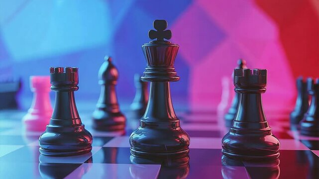 Chessboard Strategy: A close-up of a chessboard in a dramatic neon light setting, with the black king standing tall and the other pieces scattered around it, a visual representation of strategy.