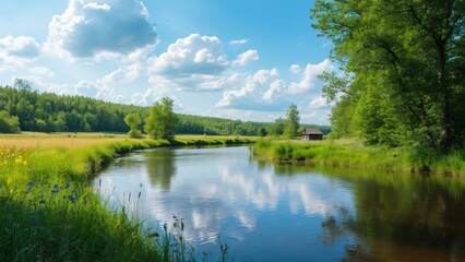 Obraz premium Serene Russian Summer River Landscape, Tranquil Meadow, Reflecting Sky, Lush Trees, 