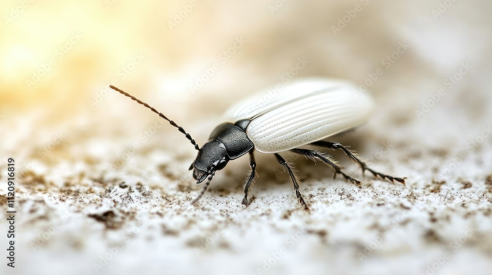 Poster a close-up of a white beetle on a textured surface, showcasing its unique features.