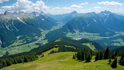 Fototapeta premium Panoramic Dolomites Mountain View, Alpine Village, Winding Road, Summer Scenery