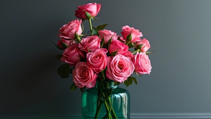 Fototapeta premium Vibrant Pink Roses in Emerald Green Vase - Elegant Studio Shot