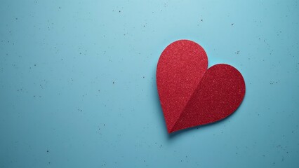Obraz premium Minimalist Red Glitter Heart on Blue, Valentine's Day Flat Lay Stock Photo