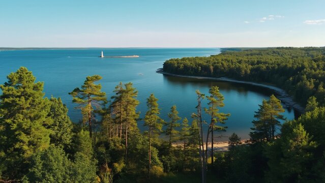 Panoramic Aerial View, Michigan's Upper Peninsula Lakeside Forest, Cheboygan Area, Lake Huron Lighthouse