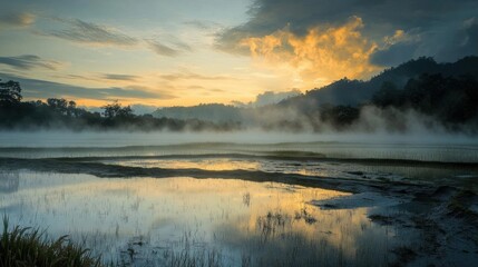 Fototapeta premium Serene sunrise over misty fields and tranquil waters.