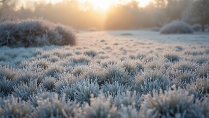 Fototapeta premium Stunning Frost-Covered Field at Sunrise, Winter Wonderland Landscape Photography