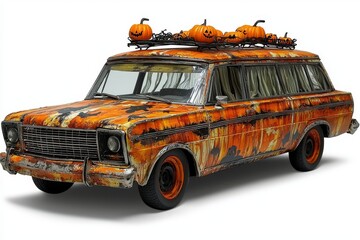 A vintage orange station wagon adorned with pumpkins, capturing the essence of fall festivities.