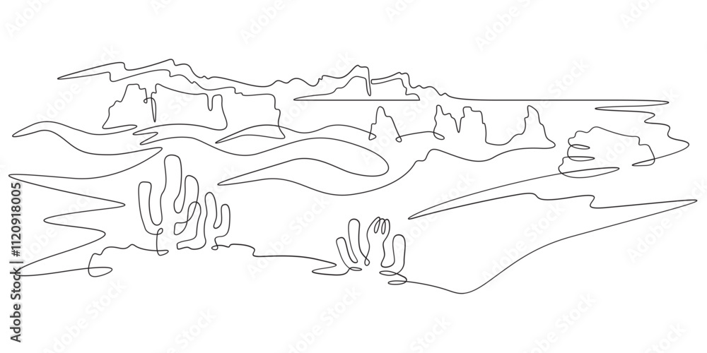 Poster continuous one line drawing cacti in the desert. desert rocky landscape. arizona. rocks and mountain