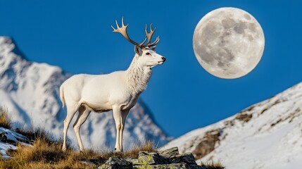 Obraz premium A majestic white deer with perfect antlers, on the mountain and the beautiful view of the full moon at night