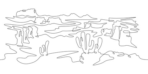 Obraz premium Continuous one line drawing cacti in the desert. Desert rocky landscape. Arizona. Rocks and mountains. One continuous line isolated minimal illustration.Not AI.
