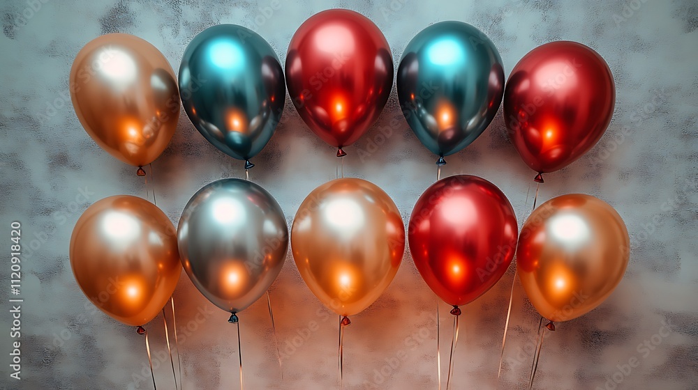 Poster Metallic balloons arranged in a grid pattern on a marble background.