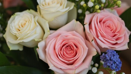 Fototapeta premium Close-up of Delicate Pink and White Roses Bouquet, Soft Focus Green Floral Background