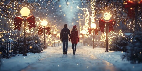 Obraz premium Romantic Couple Winter Stroll Snowy Park Christmas Lights