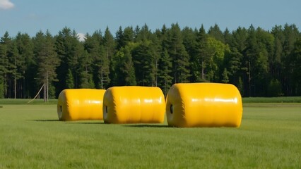Obraz premium Large Yellow Plastic Rectangular Bales in Green Field with Forest Background