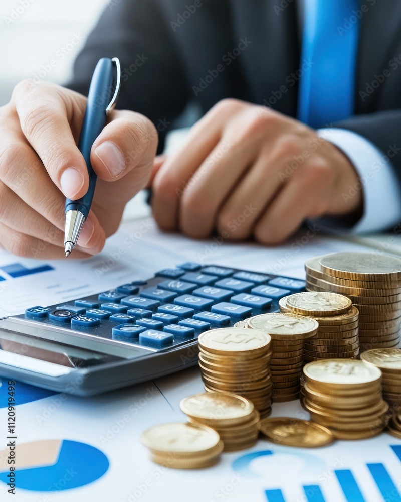 Poster a person calculating finances with a calculator and stacks of coins on a table.