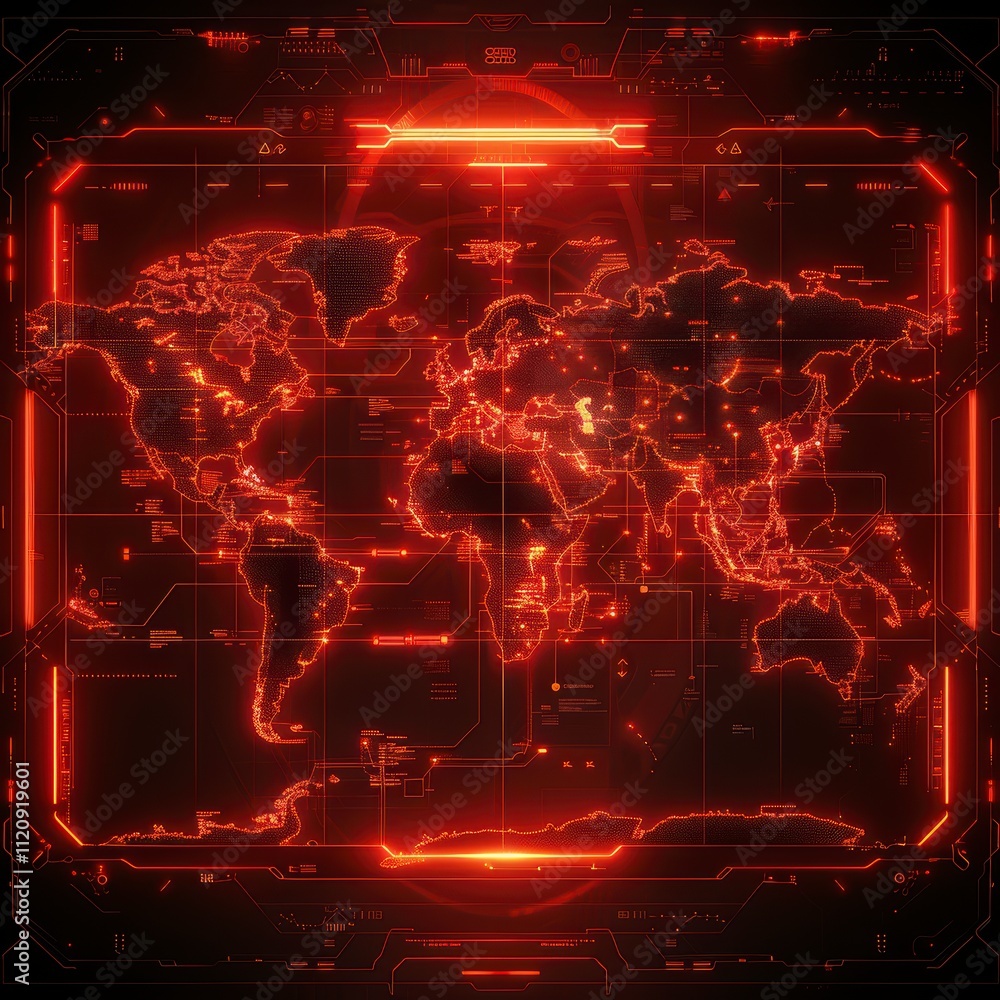 Poster global network digital world map futuristic red hud interface