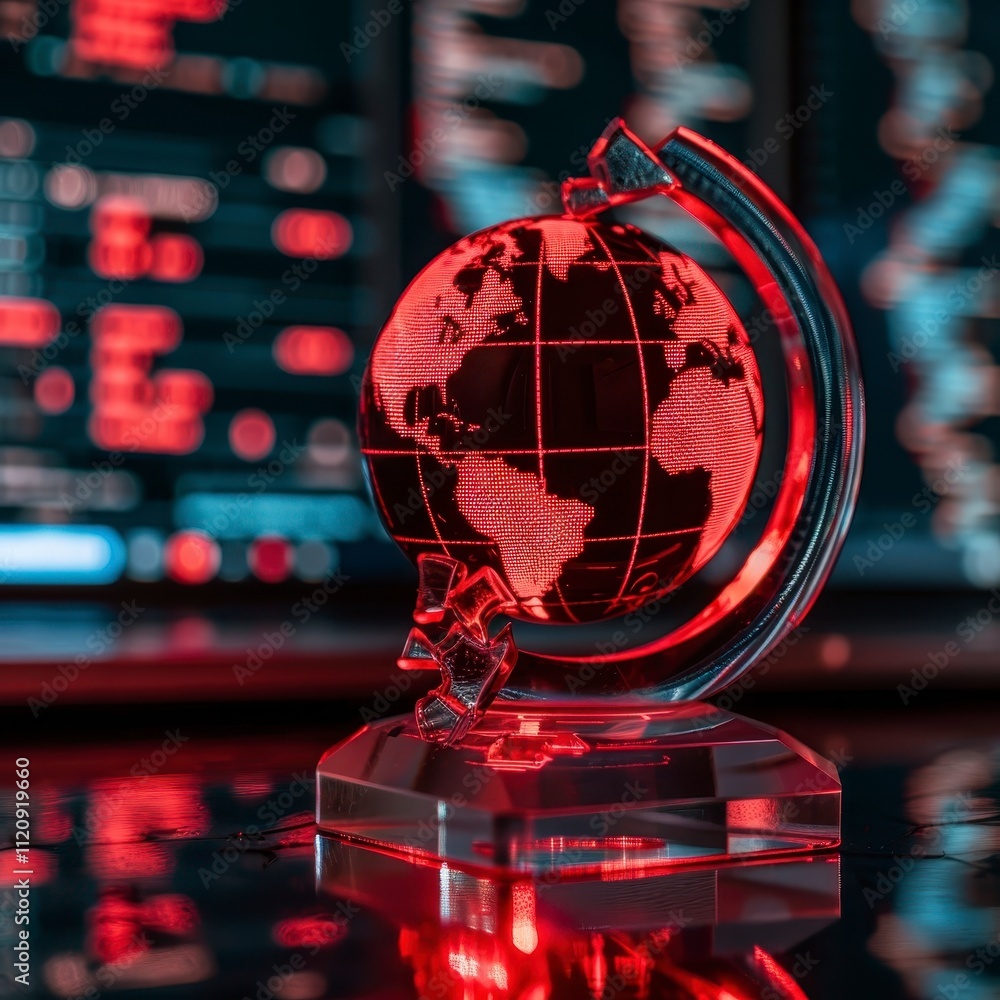 Poster global network security illuminated red world map globe